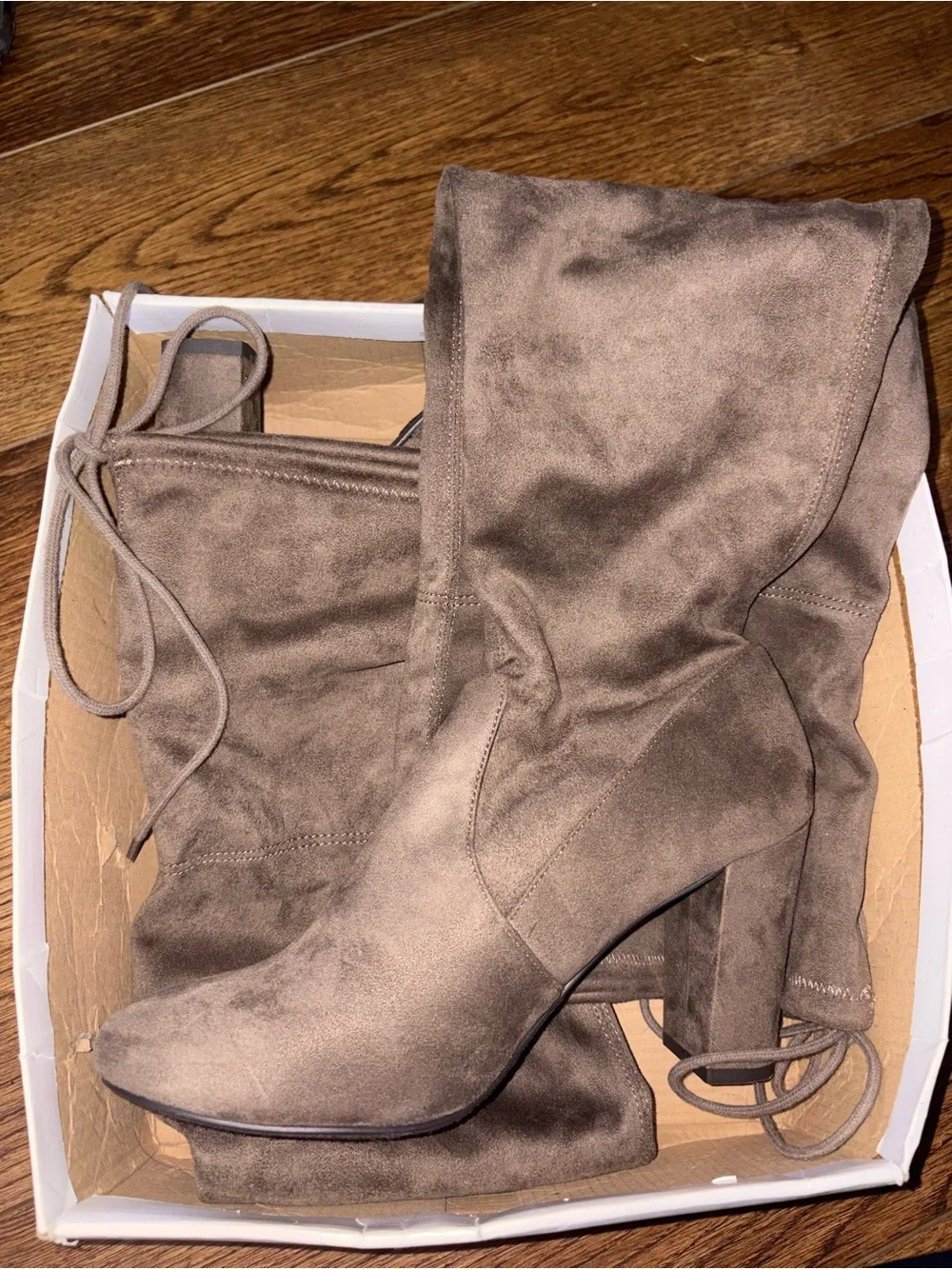 Qupid Taupe Suede-Look Over-the-Knee Lace-Up Boots